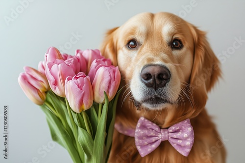 Golden retriever with pink tulips and bow tie in a bright indoor setting