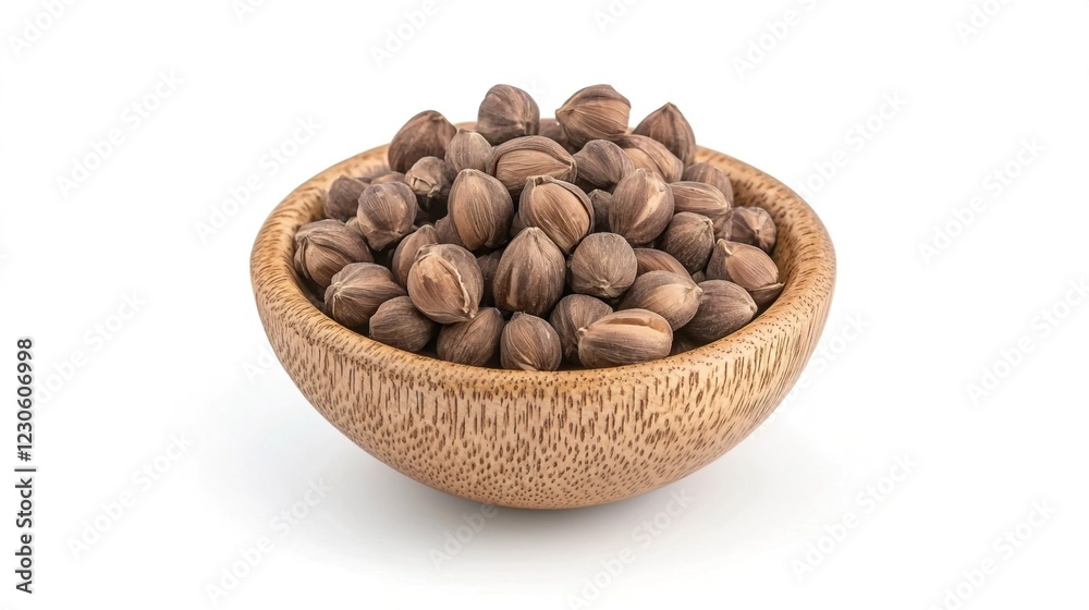 Natural Hazel Nuts in Wooden Bowl on White Background Natural Hazel Nuts in Wooden Bowl on White Background