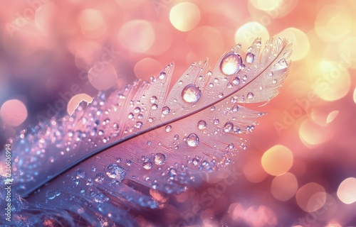 Delicate feather adorned with water droplets glistening in soft pastel light