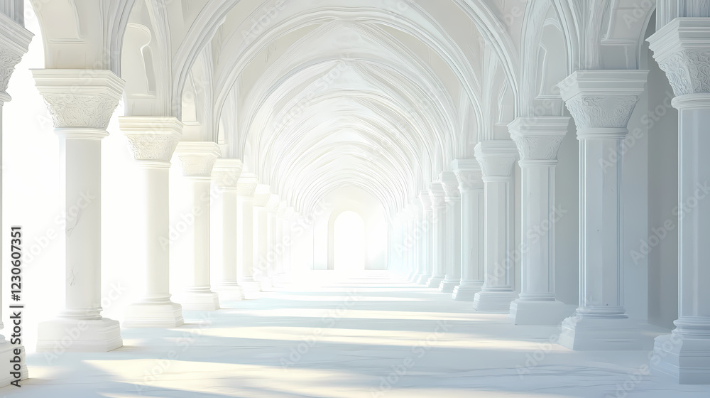 Fototapeta premium White archway corridor with bright light at the end, interior design, architecture, minimalism. Zenith Archway. Illustration