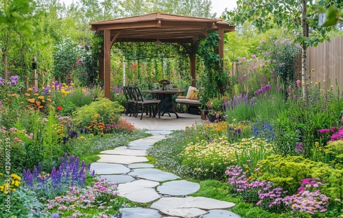 Cozy garden retreat with colorful flowers and wooden gazebo surrounded by lus...