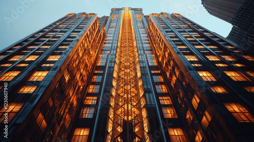 Wallpaper Mural Illuminated skyscraper at dusk, low angle view. Torontodigital.ca