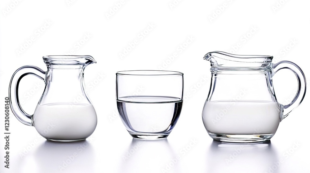 Glass Containers with Milk and Water on a Bright Background Glass Containers with Milk and Water on a Bright Background