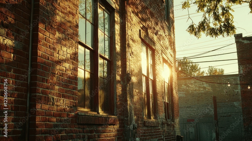 Fototapeta premium Sunset illuminates brick building windows.