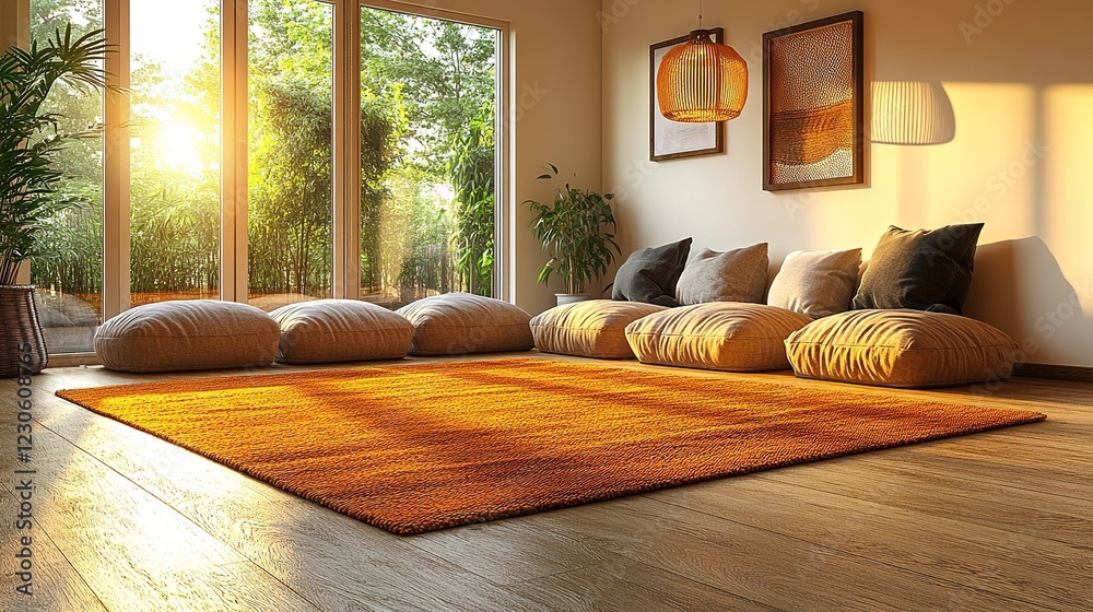 Sunlit Zen Room with Floor Cushions and Rug Sunlit Zen Room with Floor Cushions and Rug