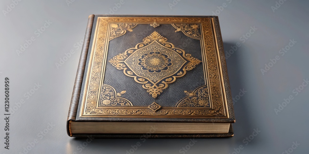 A hardcover book mockup with intricate details and textures, isolated on a soft gray background, showcasing its luxurious appearance, book design, literature A hardcover book mockup with intricate details and textures, isolated on a soft gray background, showcasing its luxurious appearance, book design, literature