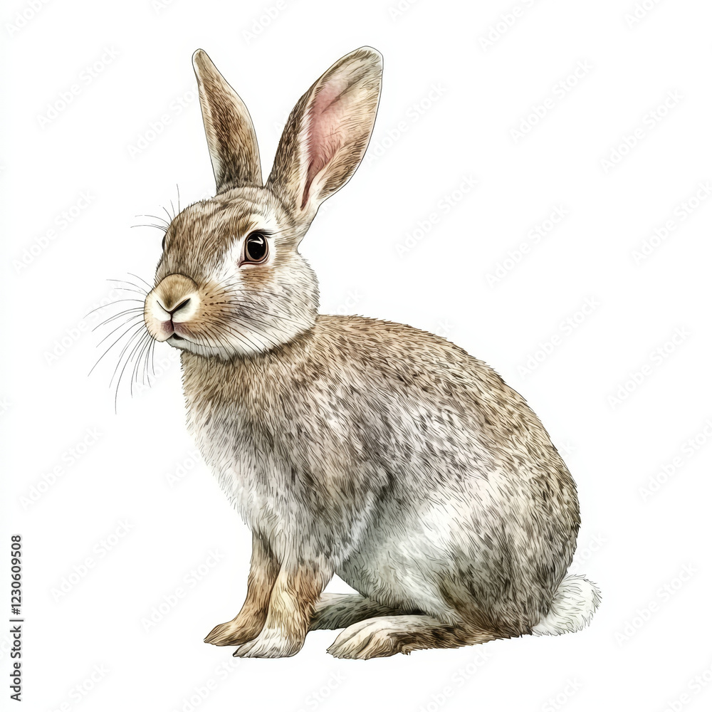 Fototapeta premium Grey rabbit sitting, detailed fur, alert expression.