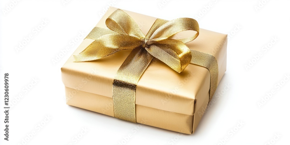 Obraz premium Gold wrapped gift box with a gold ribbon tied around it. The box is sitting on a white background