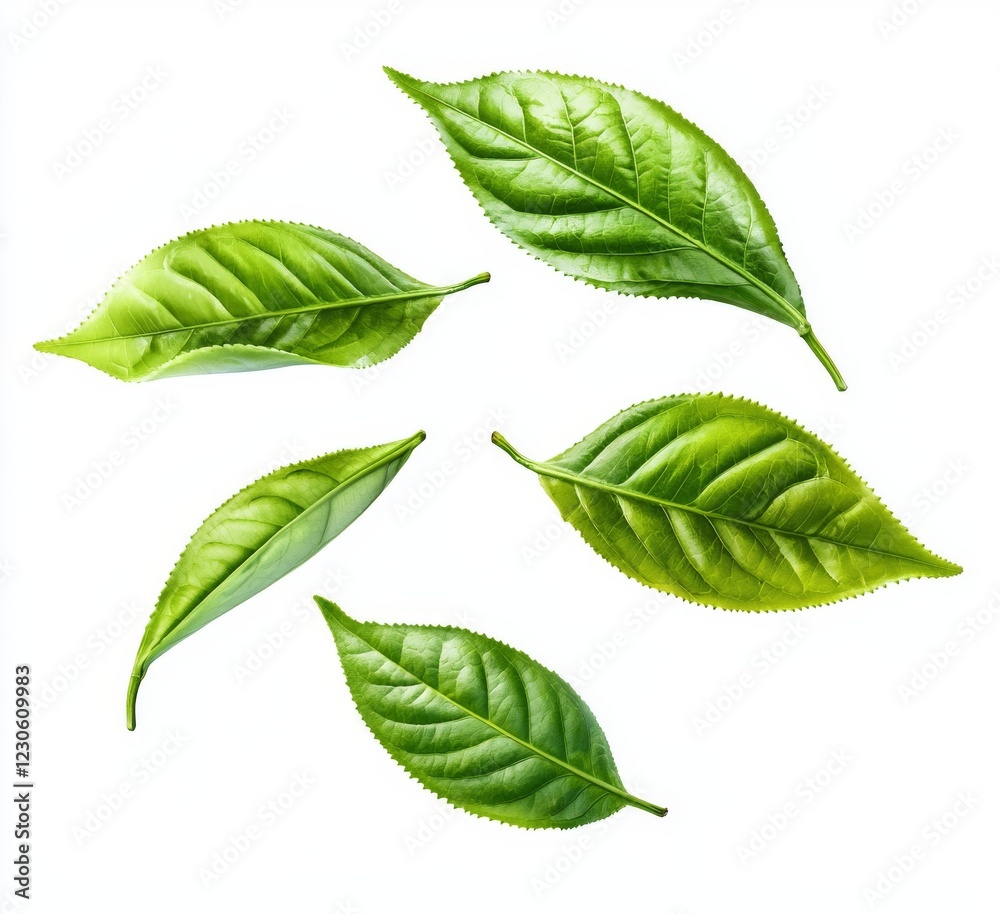 Obraz premium Green tea leaves isolated on a transparent background. (.PNG)
