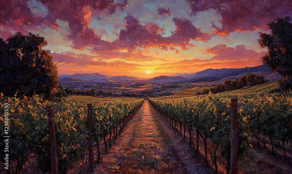 Fototapeta premium Vineyard Sunset. A picturesque path through rows of grapevines leads to a vibrant sunset over rolling hills.