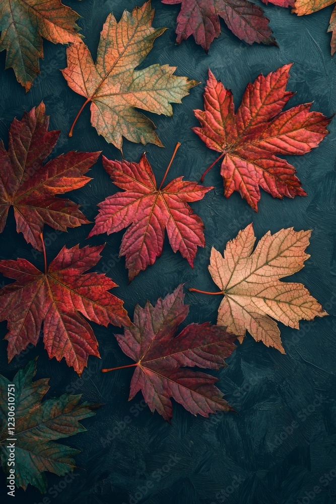 A serene autumn background with scattered dried leaves. Rich, colorful foliage. Shown as a flat lay in top view, leaving room for copying A serene autumn background with scattered dried leaves. Rich, colorful foliage. Shown as a flat lay in top view, leaving room for copying