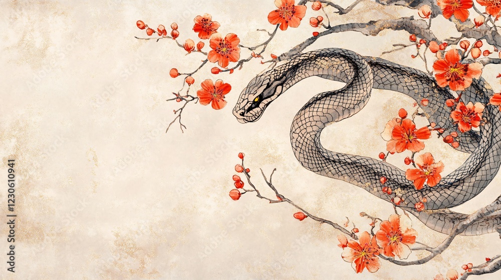 Obraz premium A striking black snake entwined in branches adorned with vivid red flowers.