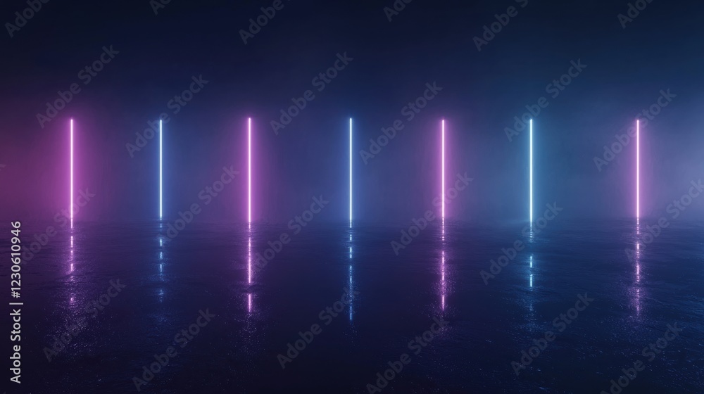 Row of six long, straight lines of light in different colors - pink, blue, and purple. Row of six long, straight lines of light in different colors - pink, blue, and purple.