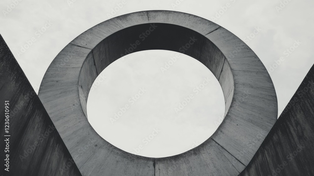 Fototapeta premium Abstract concrete structure with a large circular opening against a cloudy sky.
