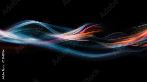 Abstract digital art piece with a black background. it features a wave-like shape made up of different colors - blue, pink, orange, and red.