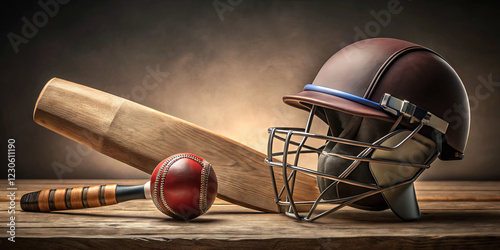 A cricket helmet, bat, and ball are arranged on a wooden table against a softly lit backdrop, creating an artistic display of popular sports gear photo