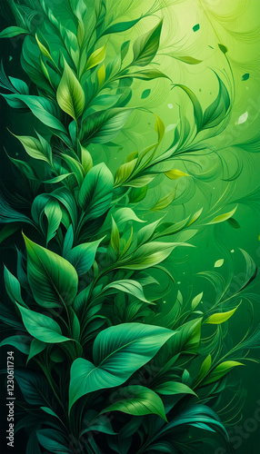 Swirling Emerald Foliage Against Luminous Green Background
