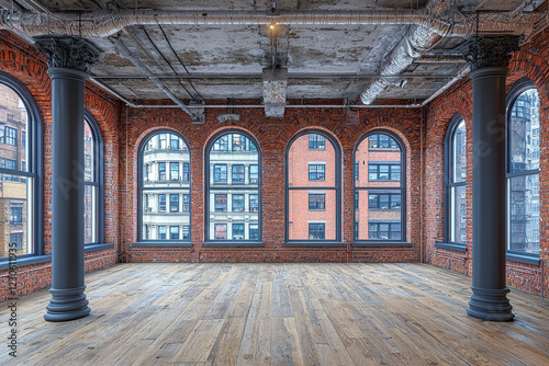 Spacious loft interior with large windows, exposed brick, and wood floors.
