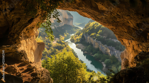 A picturesque view of a river winding through a mountain valley, framed by a rock archway and lush foliage. Zenith Archway. Illustration