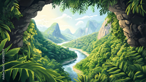 A picturesque view of a river winding through a mountain valley, framed by a rock archway and lush foliage. Zenith Archway. Illustration