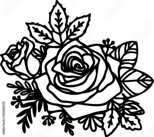 Hand drawing floral line art illustration featuring detailed rose, flowers,leaves, and botanical elements. For coloring pages, tattoo designs, laser cutting, and decorative clipart.