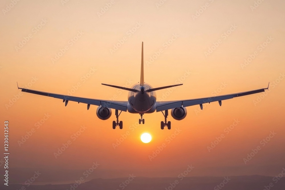 Airplane silhouette flying against a vibrant golden sunset over tranquil landscape. Generative AI Airplane silhouette flying against a vibrant golden sunset over tranquil landscape. Generative AI