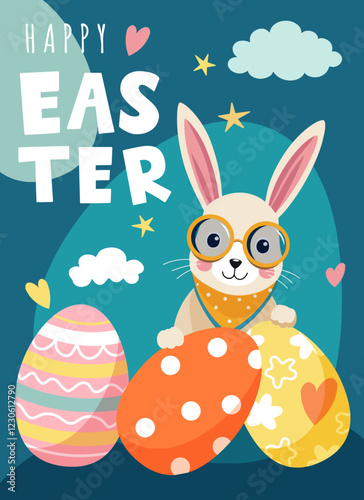 happy easter bunny with eggs, greeting card, poster, flyer, cute vector illustration