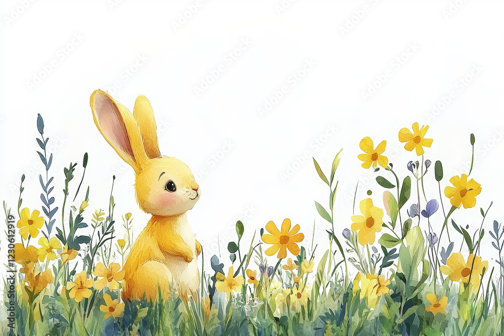 Fototapeta premium Cute yellow bunny sitting amidst a field of yellow wildflowers.