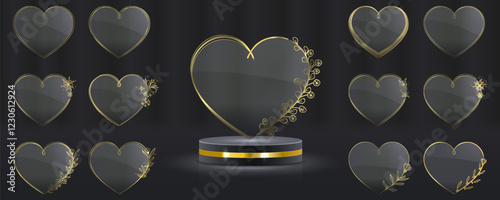 Set of realistic transparent glass hearts, featuring gold matte and glossy variations, isolated on a luxurious dark background. A premium vector illustration perfect for love-themed designs