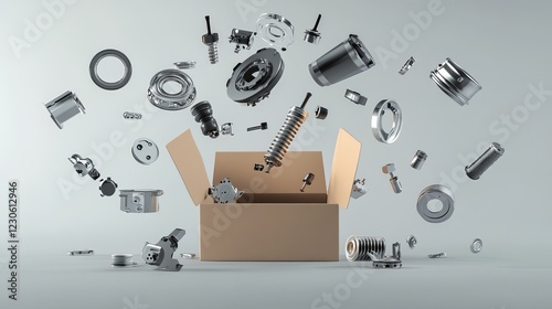 Numerous spare parts bursting out of a box against a gray background. Isolated auto parts floating on a gray backdrop.