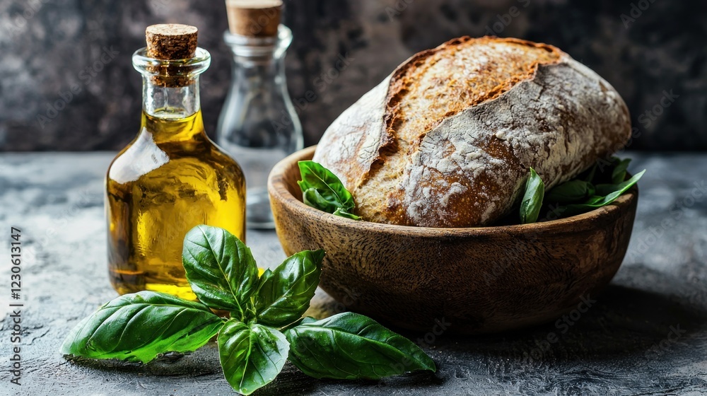 Rustic sourdough bread in wooden bowl with olive oil and basil. Rustic sourdough bread in wooden bowl with olive oil and basil.