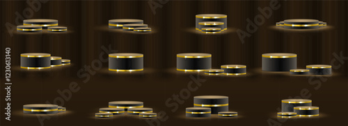 Gold award podium with a shimmering 3D stage, glowing light rays, and a glitter-covered floor. A luxurious vector illustration designed for winner ceremonies and beauty industry presentations 