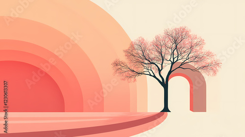 Abstract minimalist illustration featuring a tree and archway design. Zenith Archway. Illustration