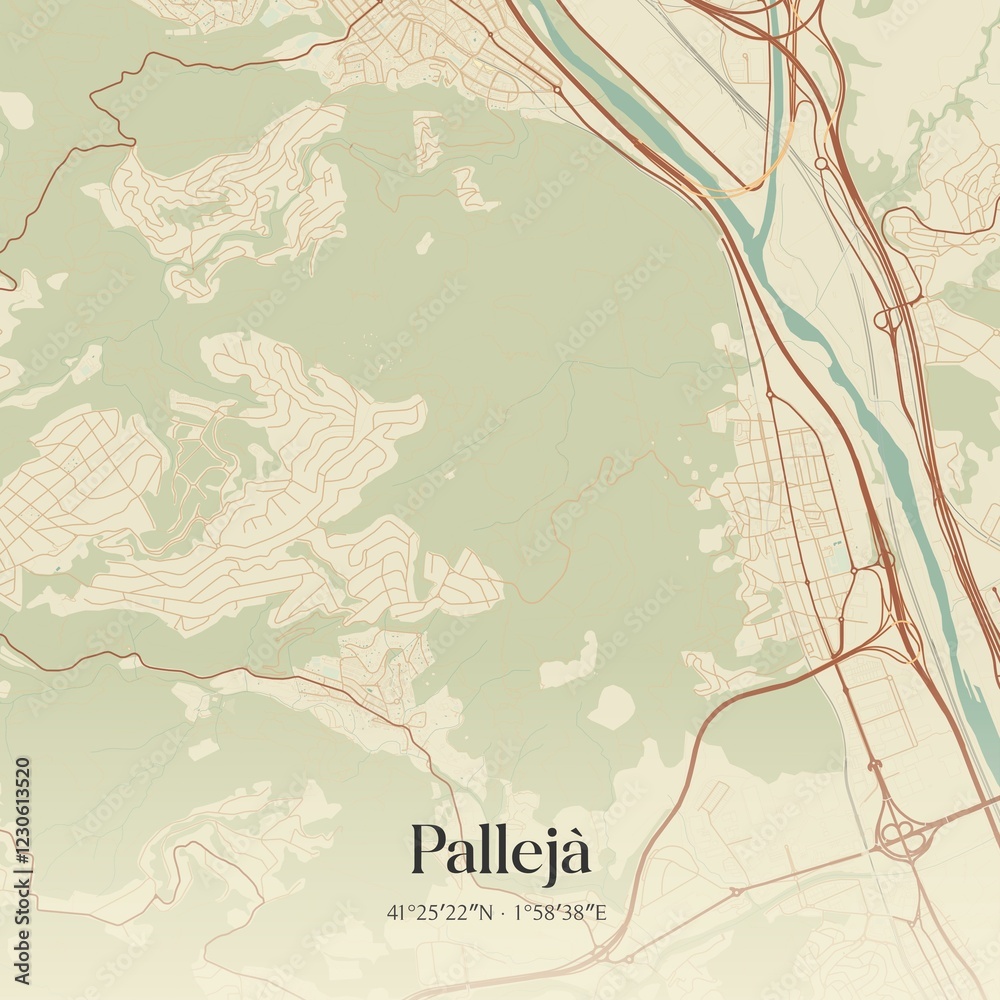 Obraz premium Retro Spanish map of Pallej�, Catalu�a. Vintage street map.