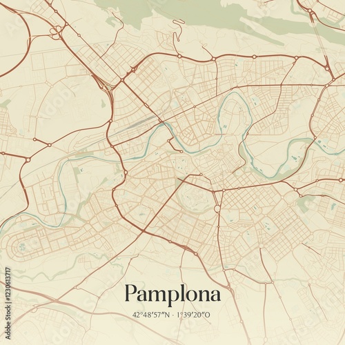Wallpaper Mural Retro Spanish map of Pamplona, Comunidad Foral de Navarra. Vintage street map. Torontodigital.ca