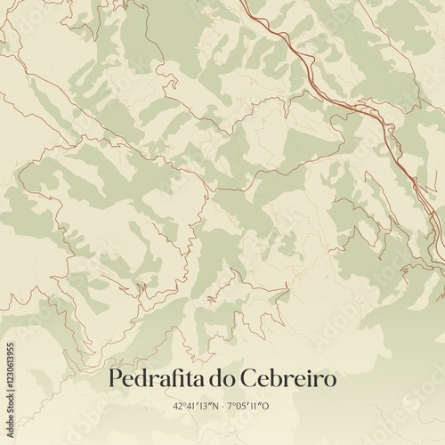 Retro Spanish map of Pedrafita do Cebreiro, Galicia. Vintage street map. photo