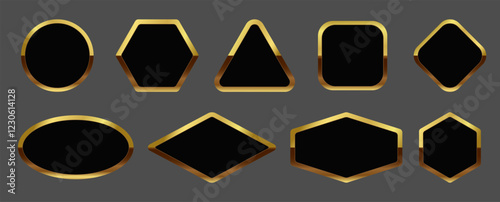 Set of vip gold medals, template, label, badge, award. Empty round shiny smooth metal emblem. Isolated golden frame, text box in different shapes with black background in the center. EPS10 Vector 