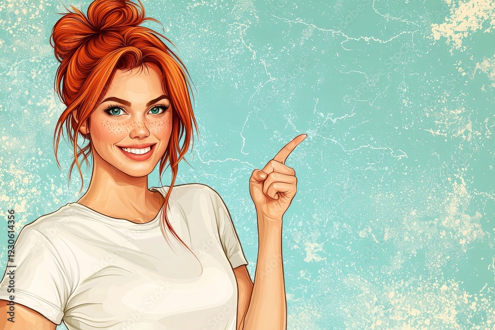 Obraz premium A smiling young lady gestures upwards to highlight a fantastic deal or offer. A happy girl points up with her fingers, suggesting a good sale or discount. Copy space. Contemporary illustration.