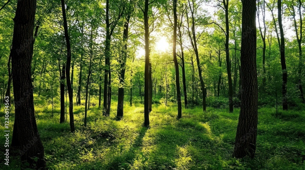 Sunlit Forest Trees Lush Green Undergrowth Sunlit Forest Trees Lush Green Undergrowth