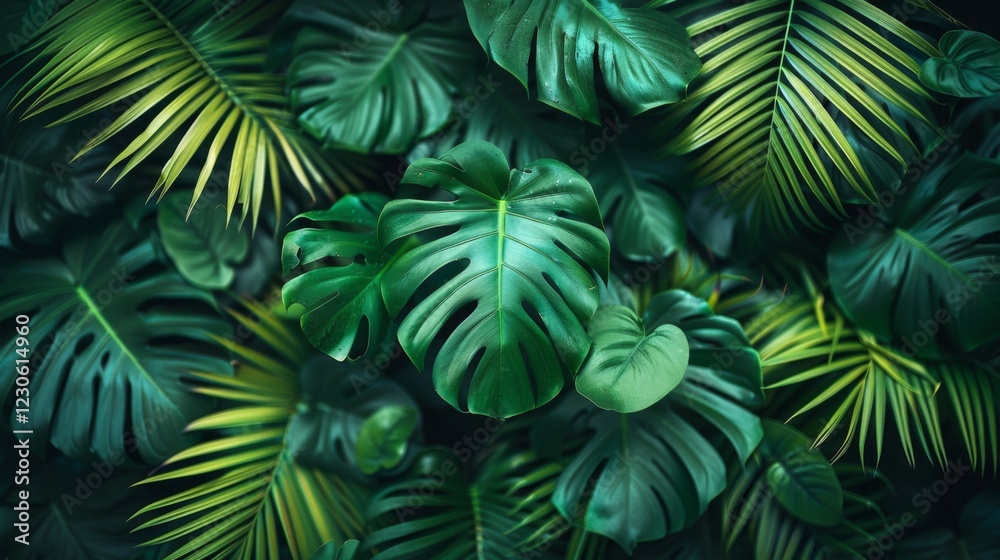 A lush green jungle with many leaves and a large leafy green plant A lush green jungle with many leaves and a large leafy green plant