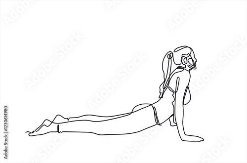 Single continuous line drawing of young sportive woman training pose in sport gymnasium club center. Fitness stretching concept. Trendy one line draw design vector illustration	