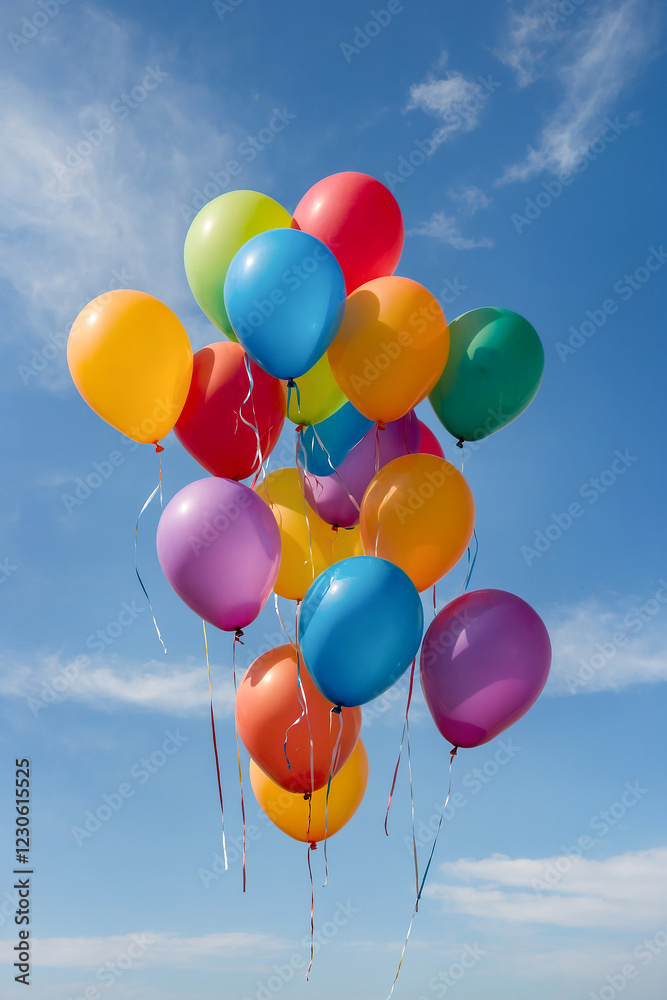 Colorful balloons floating against a blue sky Colorful balloons floating against a blue sky