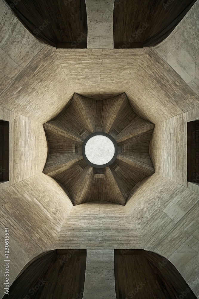 Fototapeta premium Captivating view of a geometric architectural ceiling with a central circular light, showcasing modern design and symmetry.