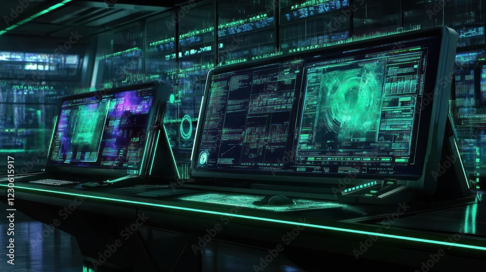 Obraz premium Futuristic Server Room Monitors Displaying Data Streams