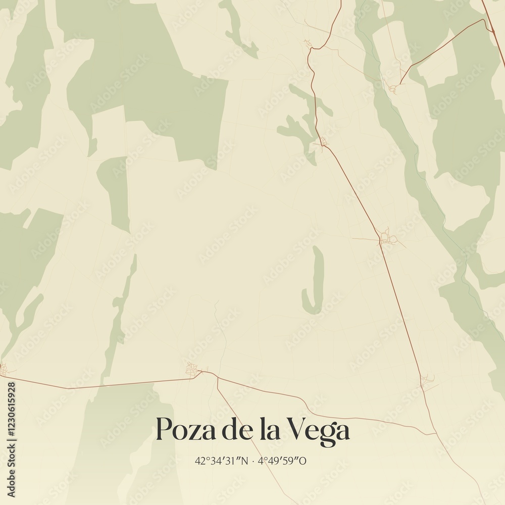 Fototapeta premium Retro Spanish map of Poza de la Vega, Castilla y Le�n. Vintage street map.
