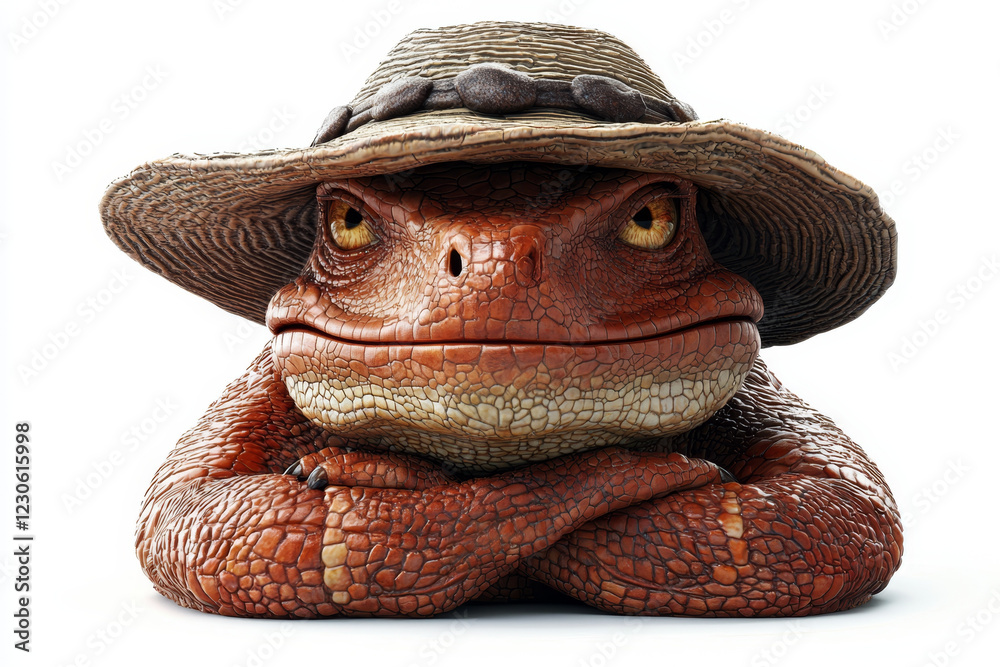 Reptilian creature in a straw hat, arms folded, contented expression. Reptilian creature in a straw hat, arms folded, contented expression.