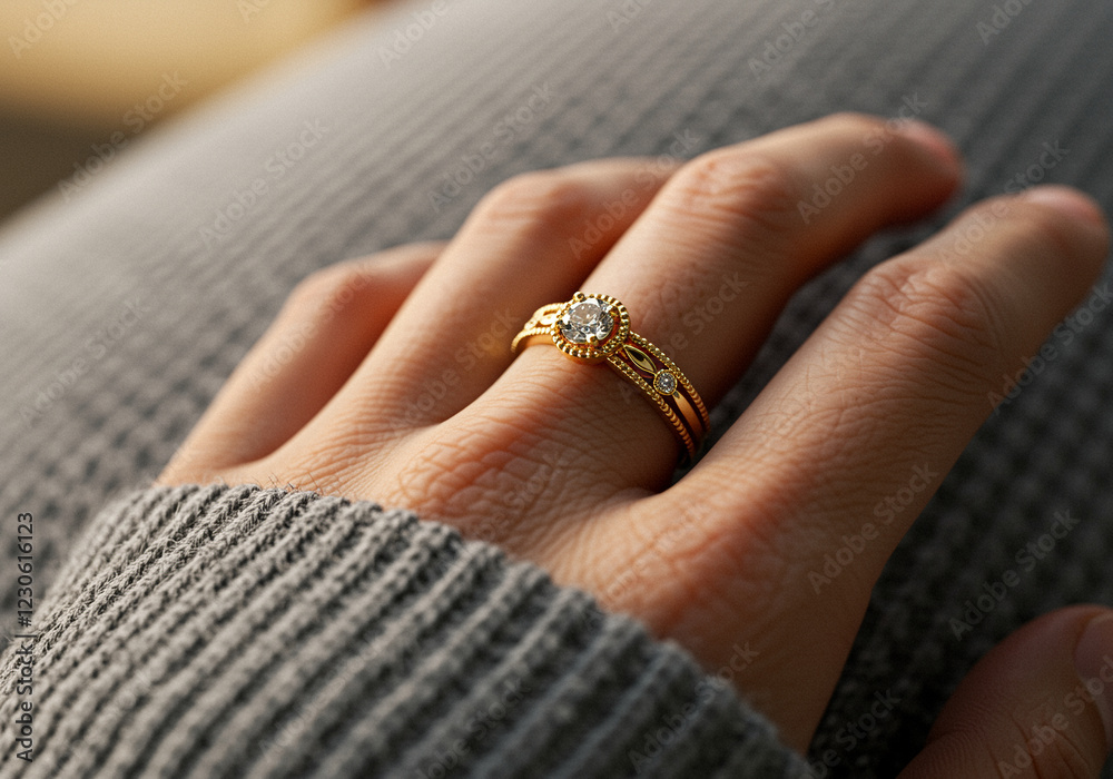 Gold ring on a hand. Hand wearing gold ring with diamond. Close-up of hand with gold jewelry Gold ring on a hand. Hand wearing gold ring with diamond. Close-up of hand with gold jewelry