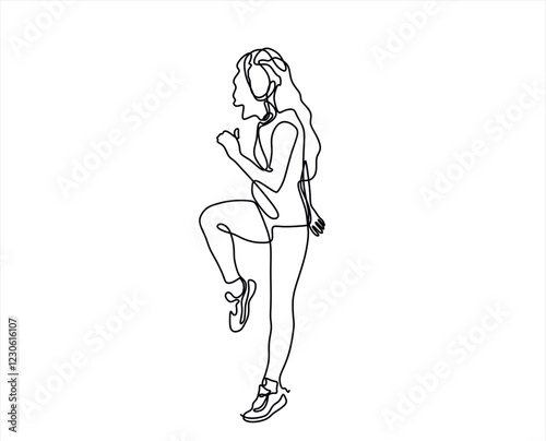 Single continuous line drawing of young sportive woman training pose in sport gymnasium club center. Fitness stretching concept. Trendy one line draw design vector illustration	