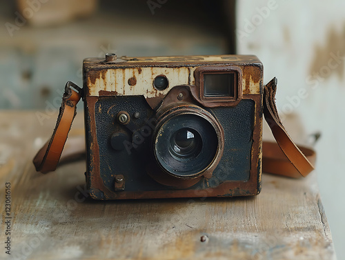 This close-up features an antique camera with a rich patina of rust and age