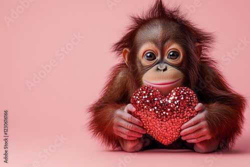 Marketing visual idea. Cute orangutan baby with sparkling rhinestones red heart - emblem of love, funny greeting card. Orangutan - my cherished animal. Ad conceptual art. Love zoo concepts. photo